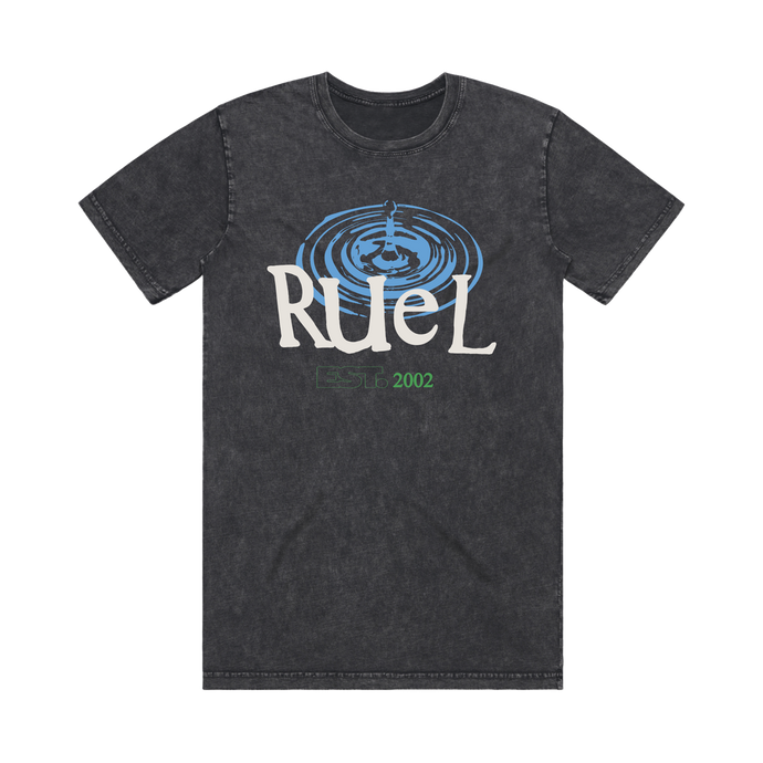 Stonewash black t-shirt with puff print RUEL, blue water droplet and green text