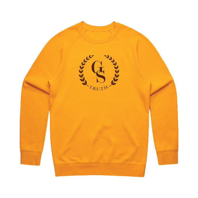 Yellow/gold crewneck sweatshirt with brown GS Truth emblem logo front center