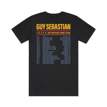 Load image into Gallery viewer, Black t-shirt back with GUY SEBASTIAN logo in yellow, and tour dates and cities in blue underneath