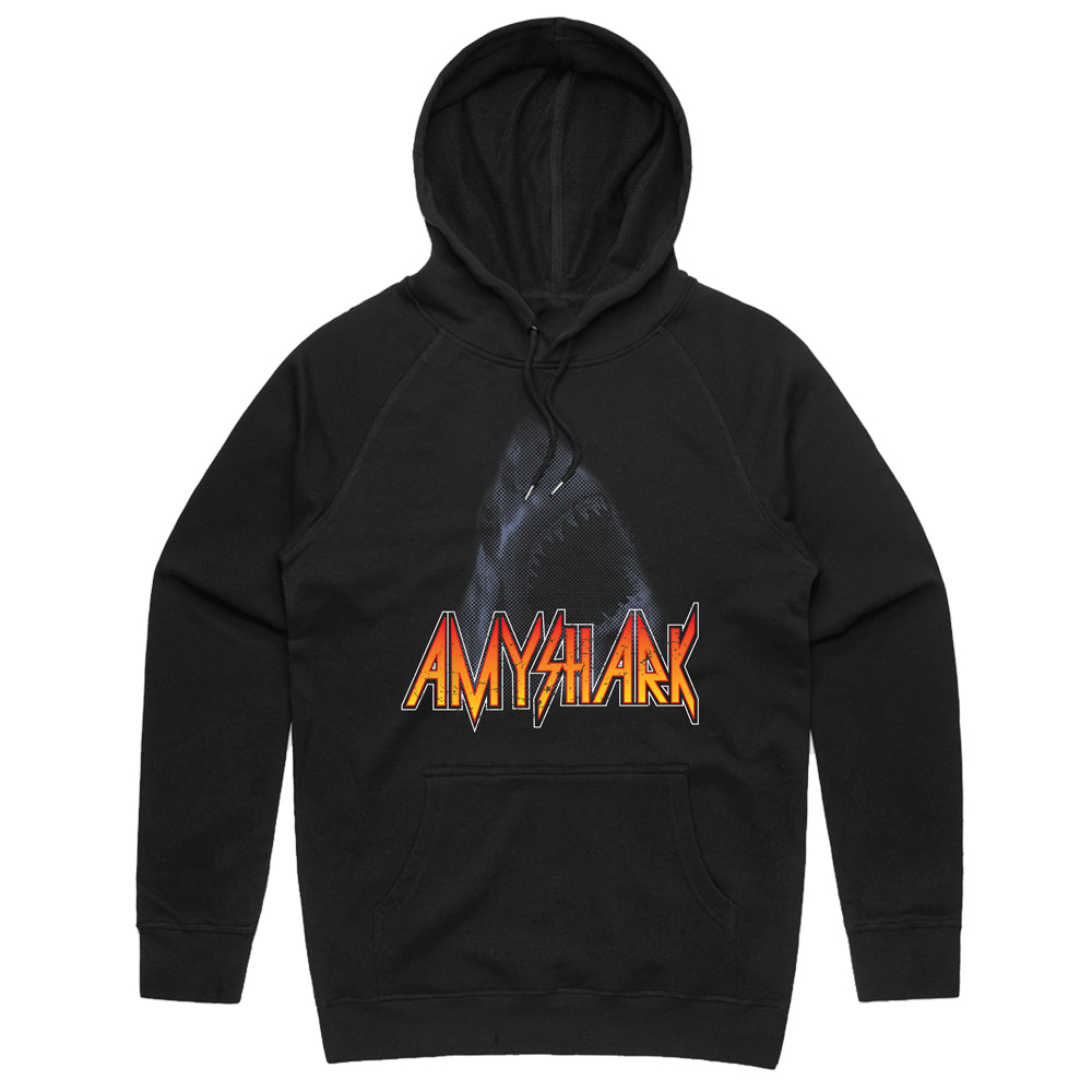 Black hoodie with Amy Shark logo in red and orange gradient and shark graphic