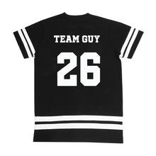 Load image into Gallery viewer, Back of black and white varsity college style jersey. TEAM GUY text at top, and number 26 in middle. White stripes on sleeves and t-shirt bottom