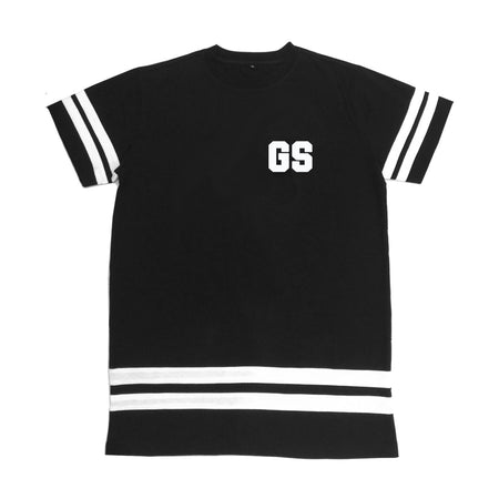 Front of black and white varsity college style jersey. Capital G and S on left front pocket. White stripes on sleeves and t-shirt bottom
