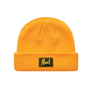 Yellow cuffed, knit beanie with Black and yellow square RUEL patch