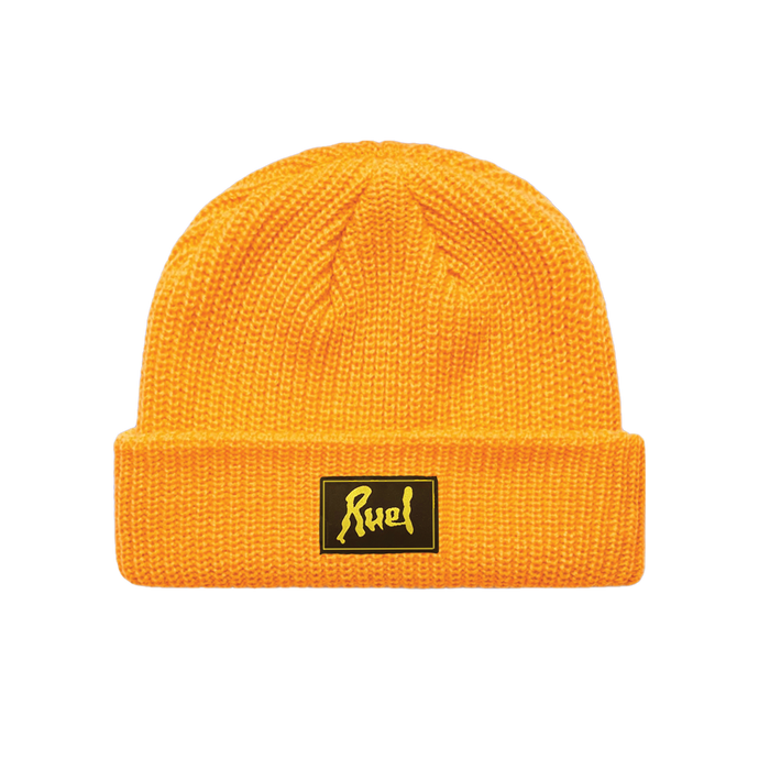 Yellow cuffed, knit beanie with Black and yellow square RUEL patch