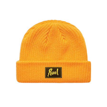 Yellow cuffed, knit beanie with Black and yellow square RUEL patch