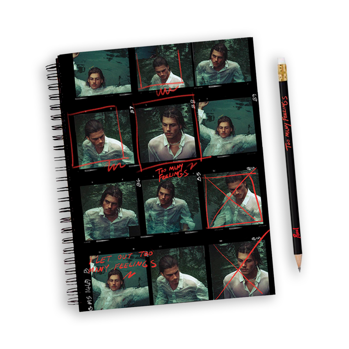 Ruel spiral black note book, with photos of Ruel from Too Many Feelings video. With matching black pencil