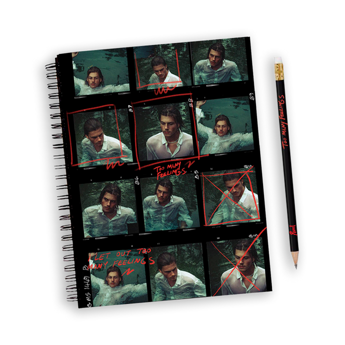 Ruel spiral black note book, with photos of Ruel from Too Many Feelings video. With matching black pencil