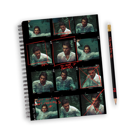 Ruel spiral black note book, with photos of Ruel from Too Many Feelings video. With matching black pencil