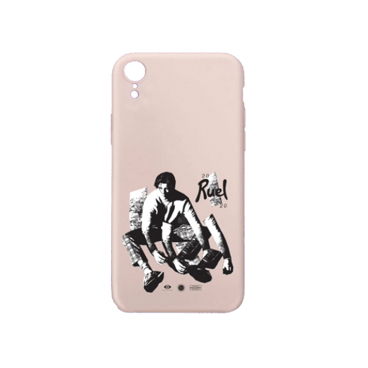 Iphone XR model phone case that is light pink with black and white image of Ruel