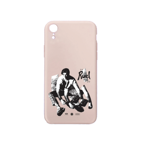 Iphone XR model phone case that is light pink with black and white image of Ruel