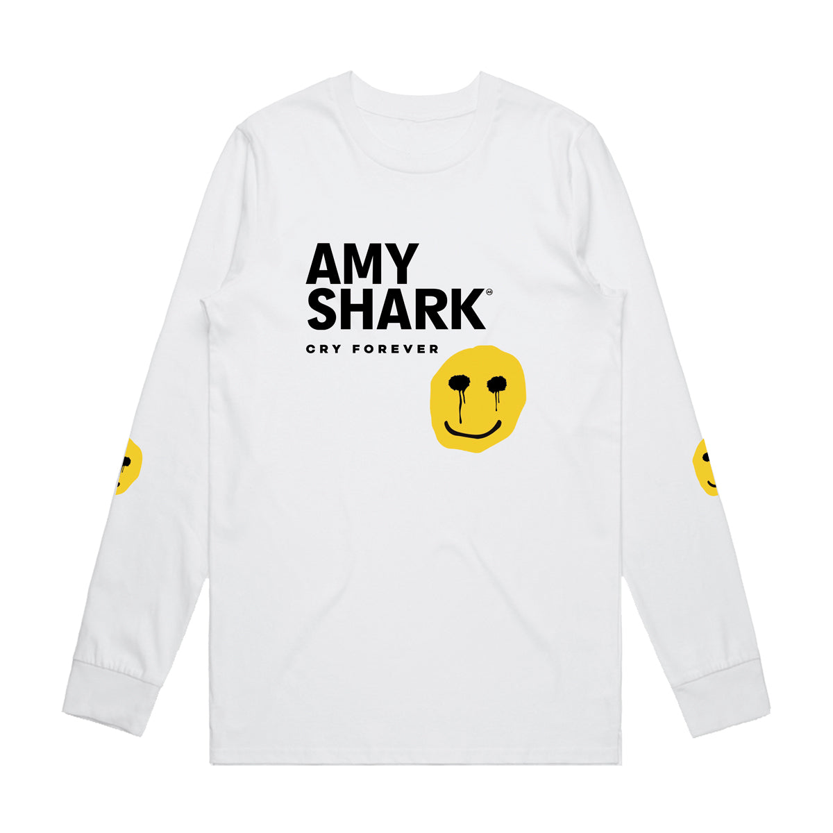 White long sleeve top with Amy Shark Logo and crying yellow smiley face