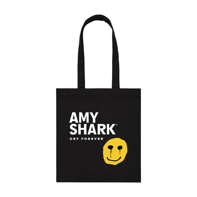 Black Tote Bag with Amy Shark logo and yellow smiley face