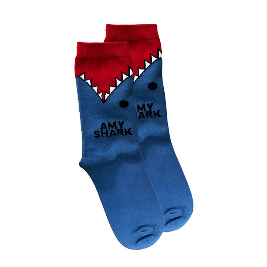 Blue and red socks with shark graphic on ankle and Amy Shark logo