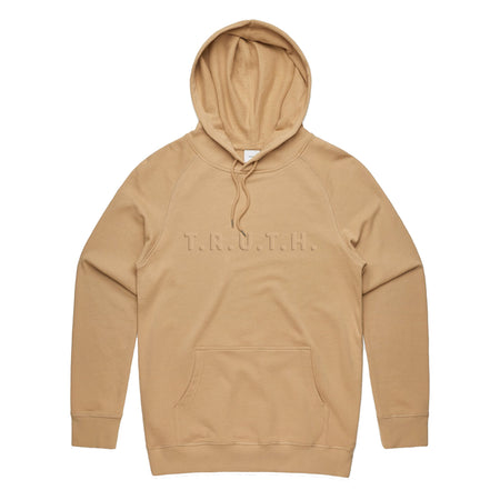 Tan hoodie with T.R.U.T.H. logo on front, in tan puff print