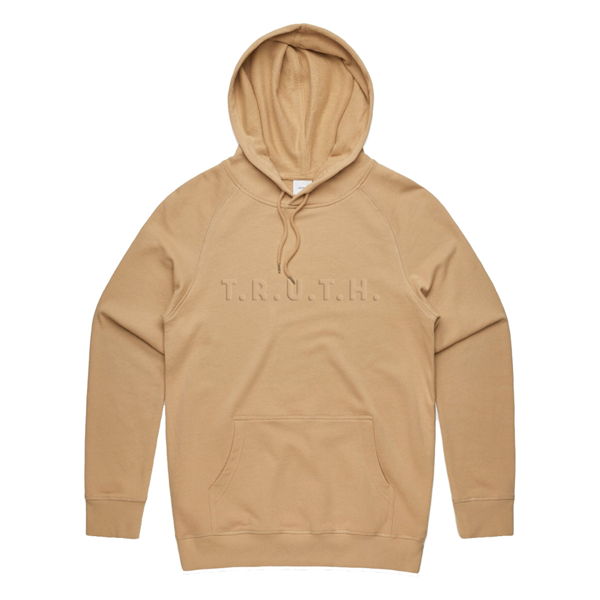 Tan hoodie with T.R.U.T.H. logo on front, in tan puff print
