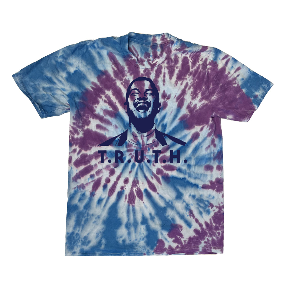 Blue, purple and white tie dye t-shirt in spiral pattern with navy blue print of Guy Sebastians face and TRUTH underneath