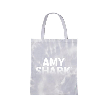 Purple and white tie dye tote bag with Amy Shark logo