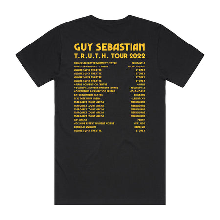 Black T-shirt back with yellow GUY SEBASTIAN TOUR 2022. With tour dates and cities in yellow underneath