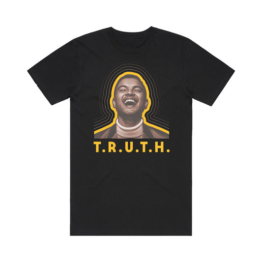 Black t-shirt front with image of Guy Sebastian in sepia tone, brown lines consecutively around head and TRUTH in yellow underneath