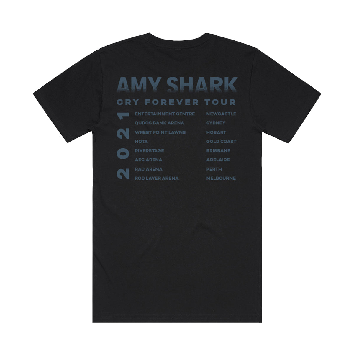 Back of black t-shirt with Amy Shark tour dates in blue