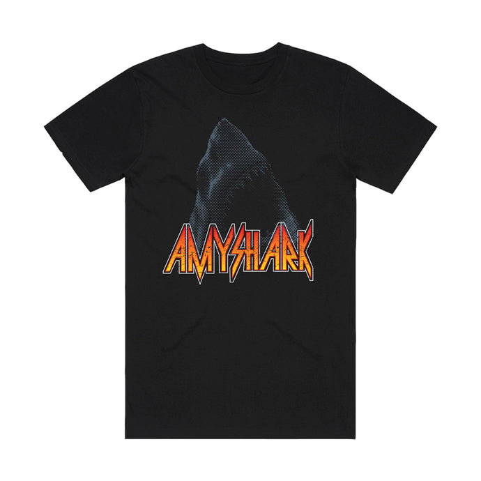 Front of black t-shirt with Amy Shark logo and shark graphic