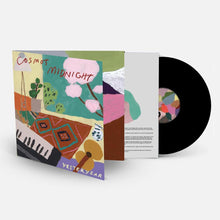 Load image into Gallery viewer, Cosmo&#39;s Midnight hand drawn cover with black vinyl record coming out of sleeve